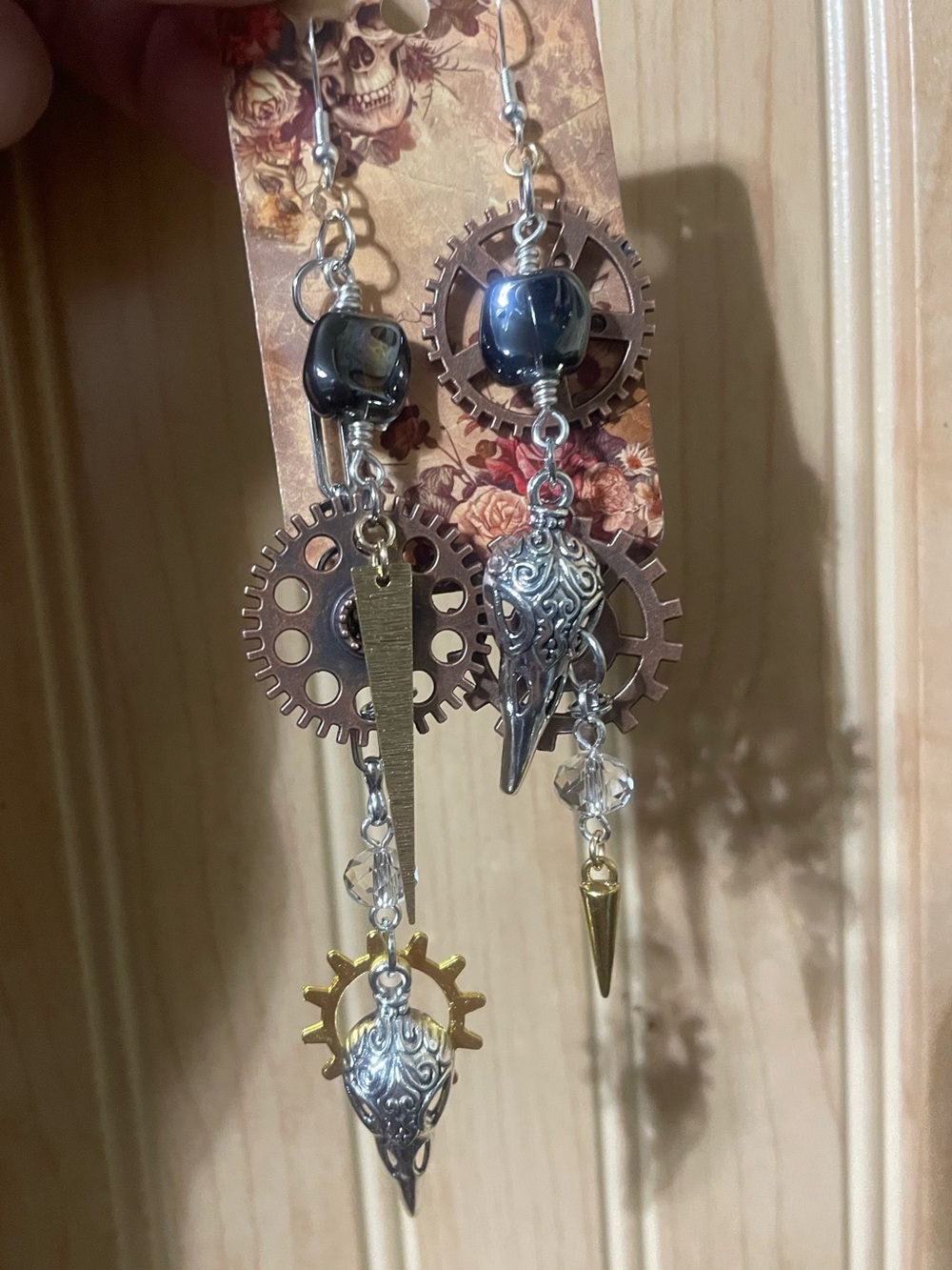 Steampunk Gear Raven Skull Earrings with Black Beads
